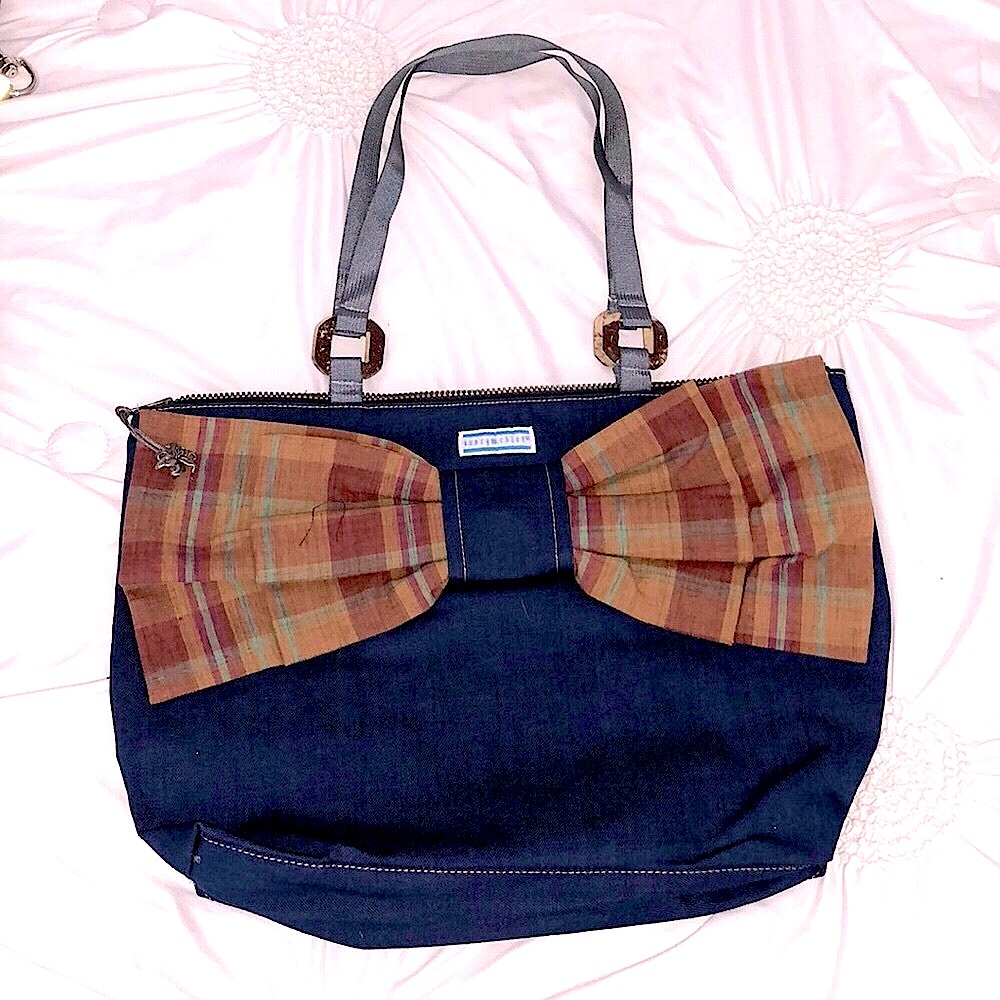 🤩 LARGE DENIM JEAN & PLAID PLEATED BOW SHOULDER BAG